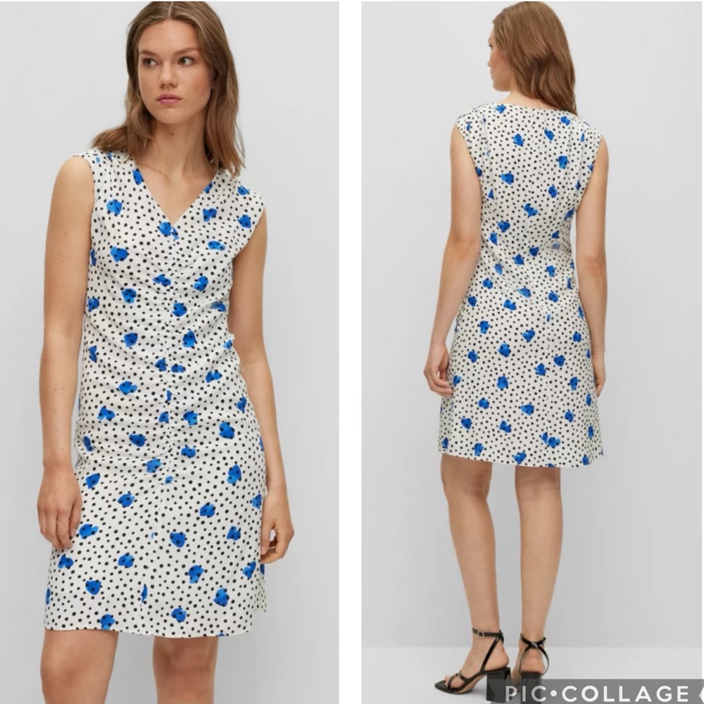 Hugo Boss Desmala Gathered Mini‎ Dress Blue Dot Fantasy US 4